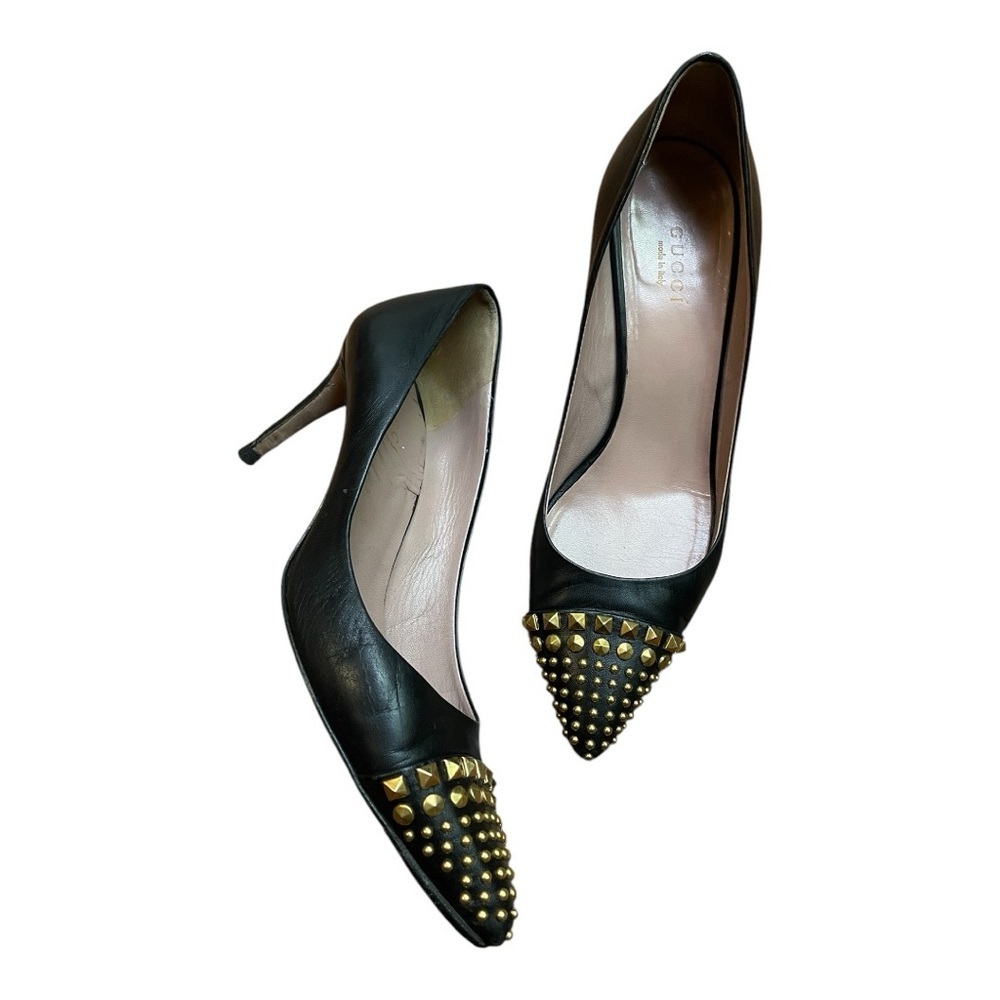 GUCCI Black Leather Gold Studded Heels